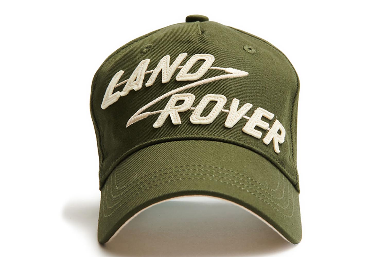 Bronze-green appliqué peaked cap, front view