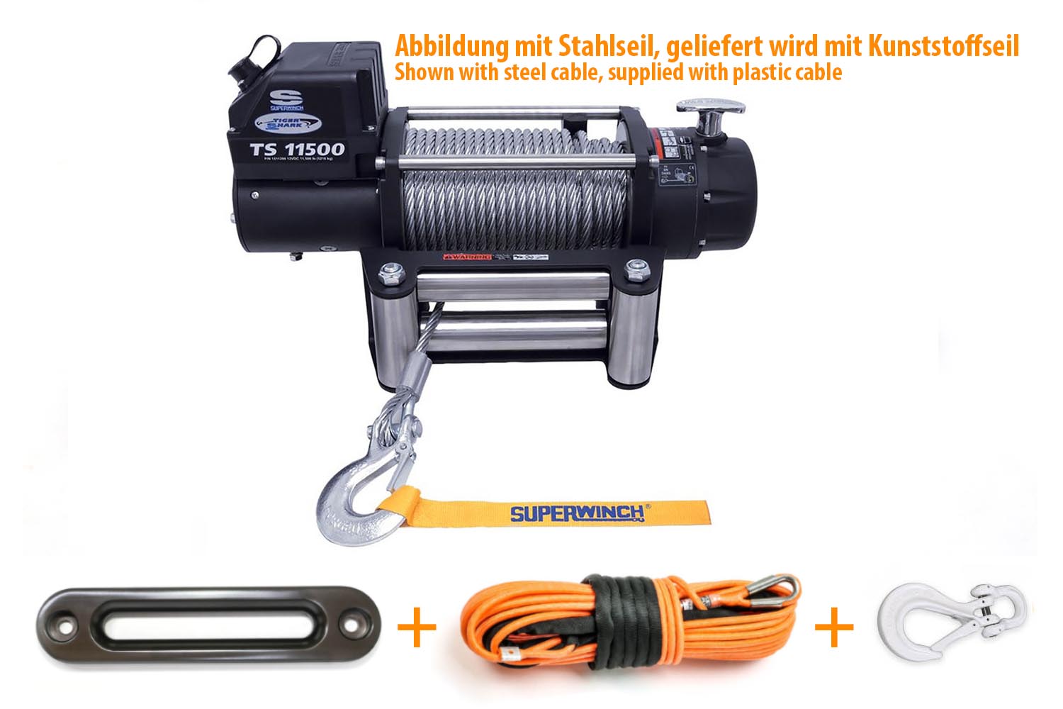 Seilwinden-Bundle Tigershark TS 11500 mit Windenfenster, Windenhaken und Kuststoffseil orange