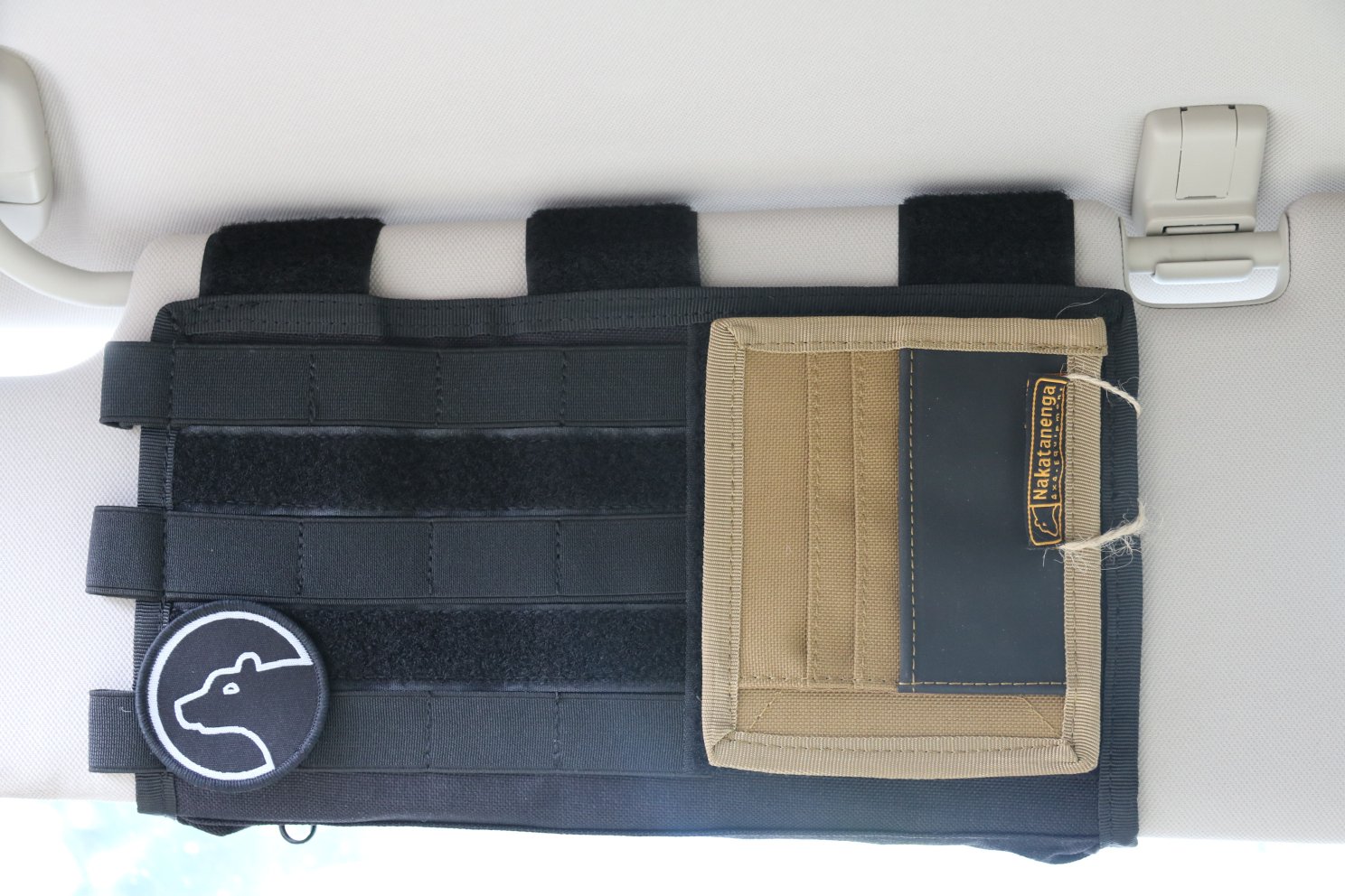 Black Molle sun visor organiser with tan card holder