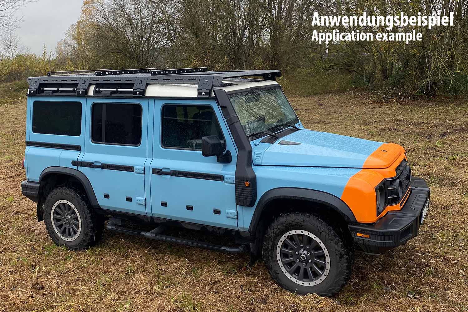 Blauer SUV mit Dachträger im Gelände seitlich