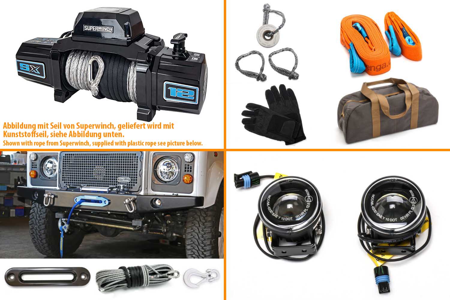 Superwinch SX12SR with Nolden LED spotlights in black and winch cable grey