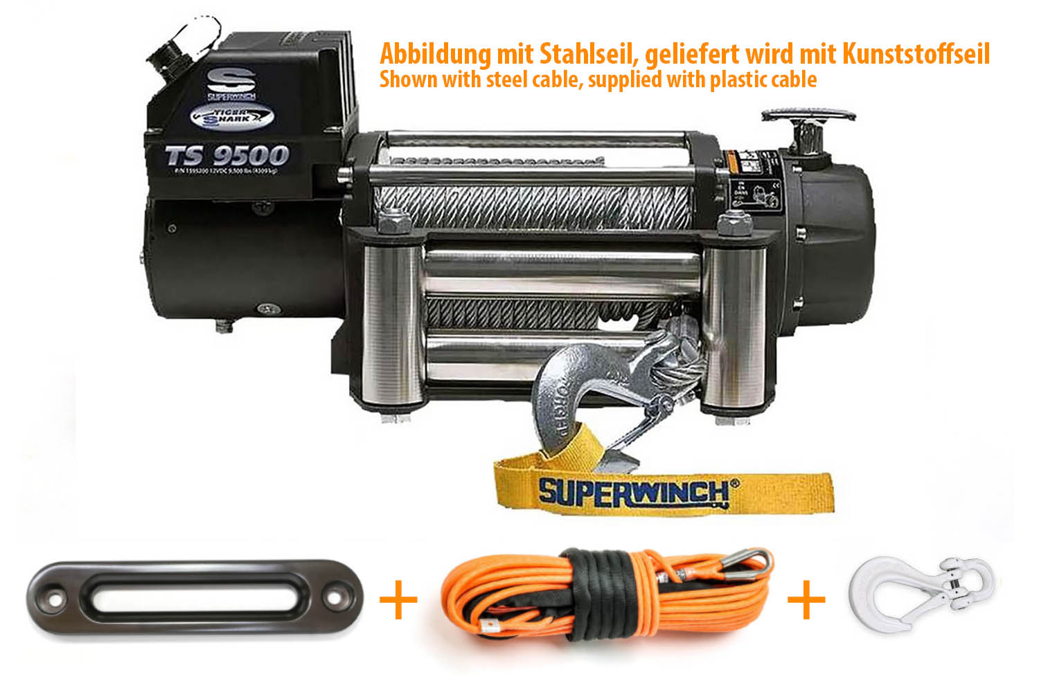 Seilwinden-Bundle mit Windenfenster, Windenhaken und Kuststoffseil in orange