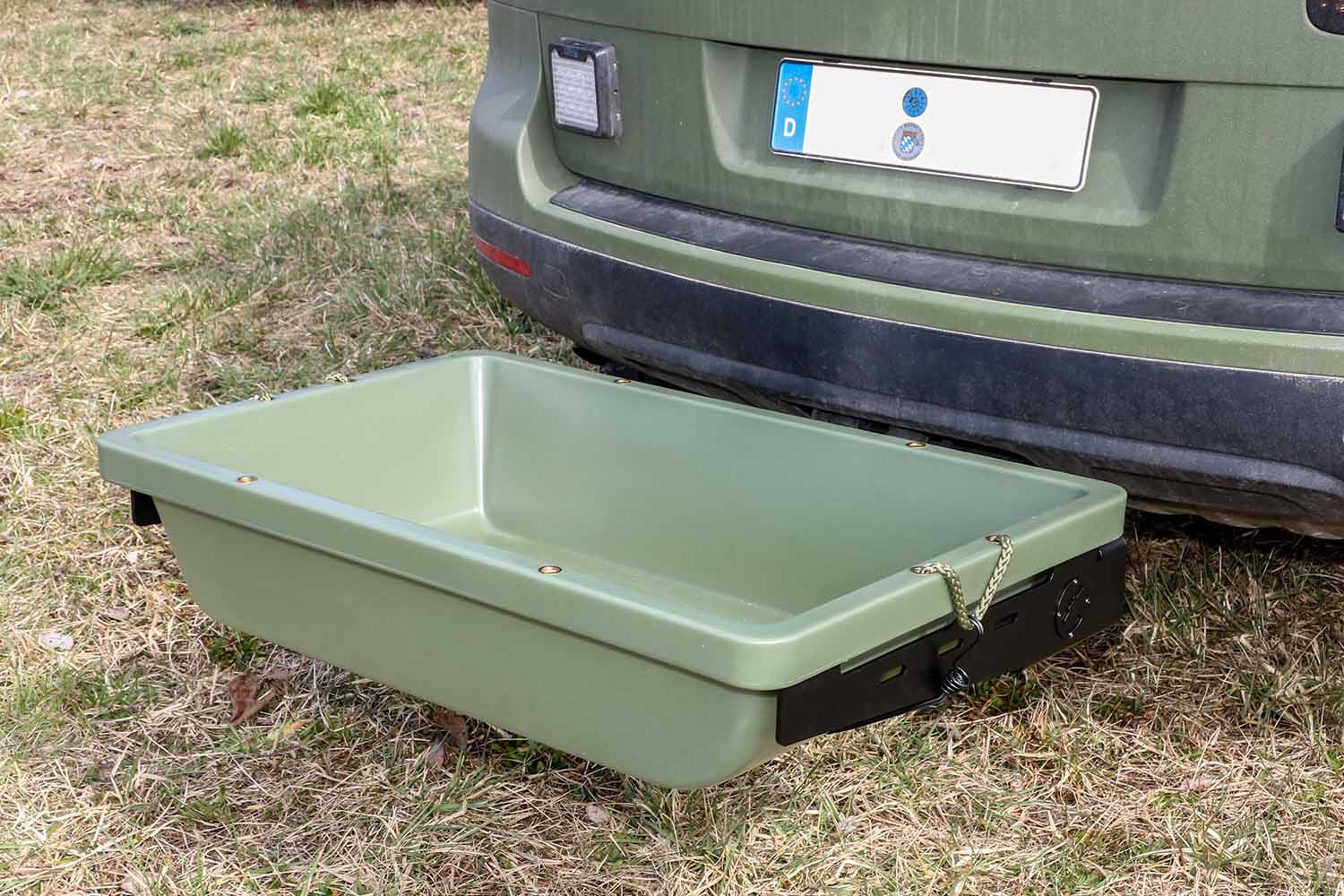 PE plastic container, including black powder-coated mounting bracket for vehicles