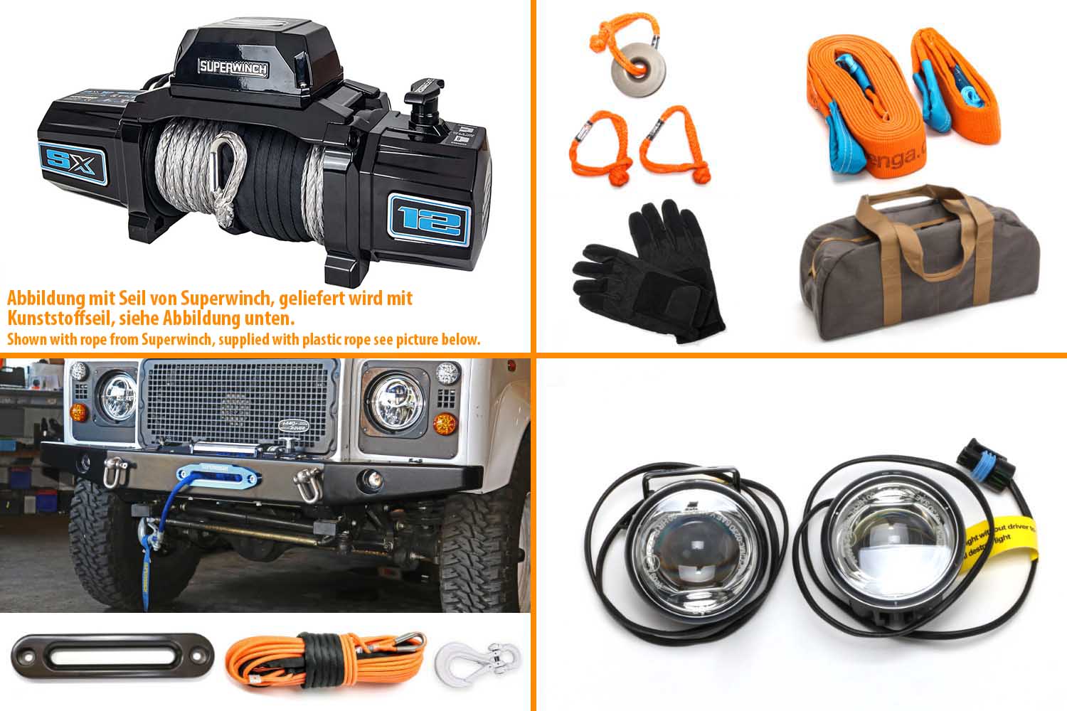 Superwinch SX12SR mit Nolden LED Fernscheinwerfern in chrom und Windenseil orange