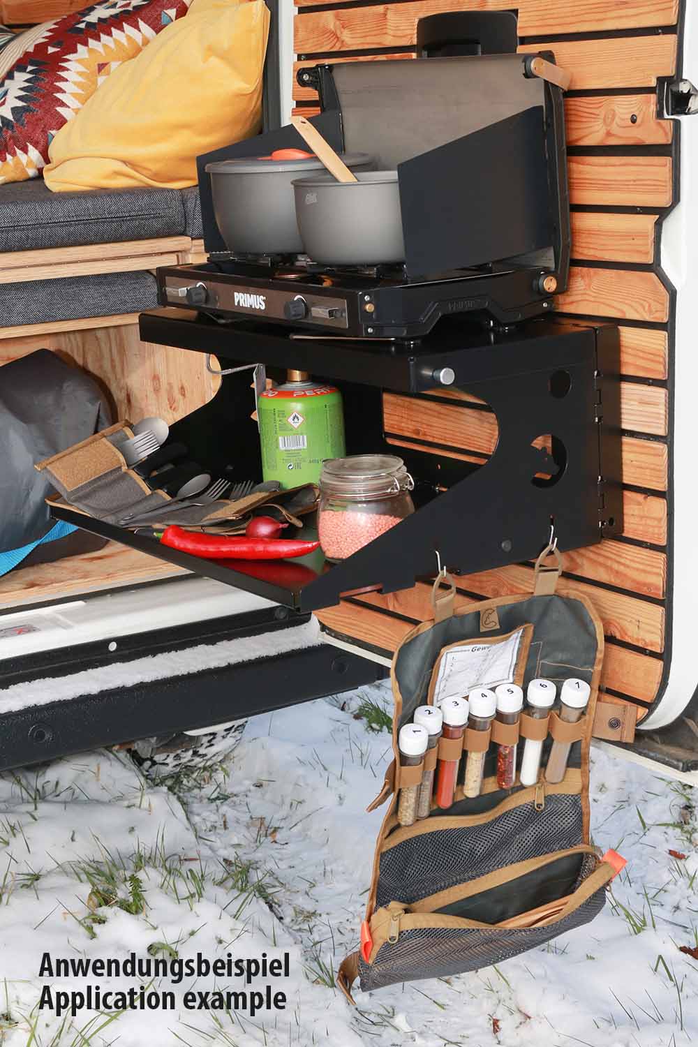 Folding table installed on the van