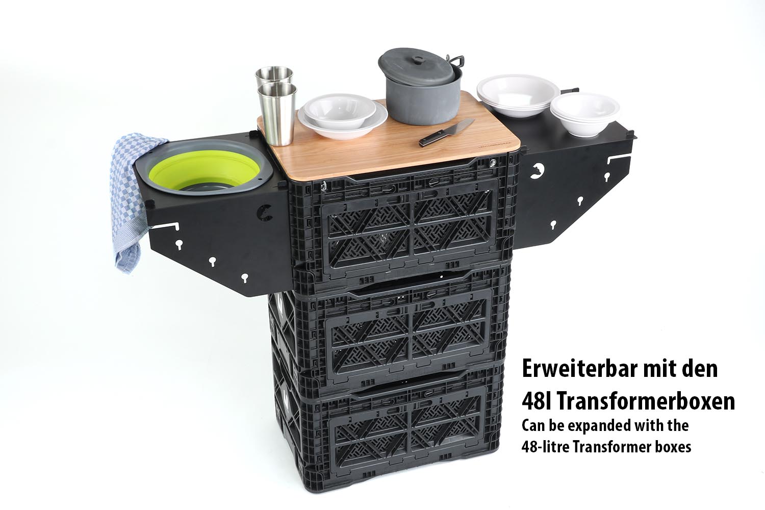 Kitchen box, with crockery and attachable side panels
