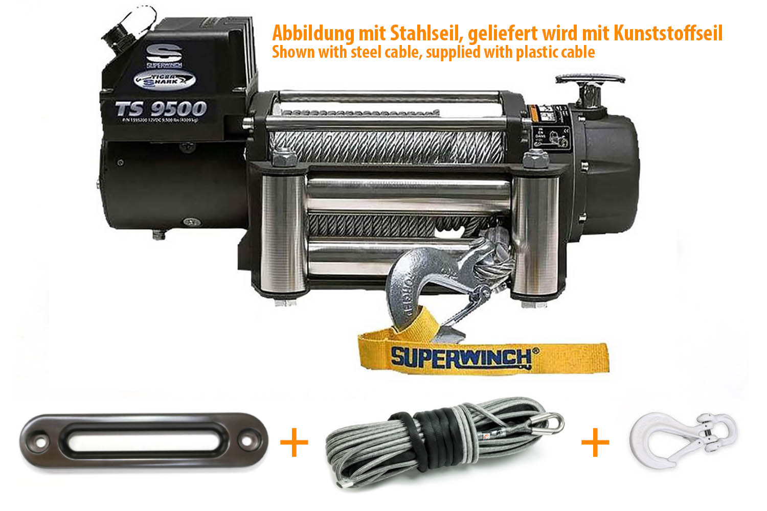 Winch bundle with winch window, winch hook and plastic rope in grey