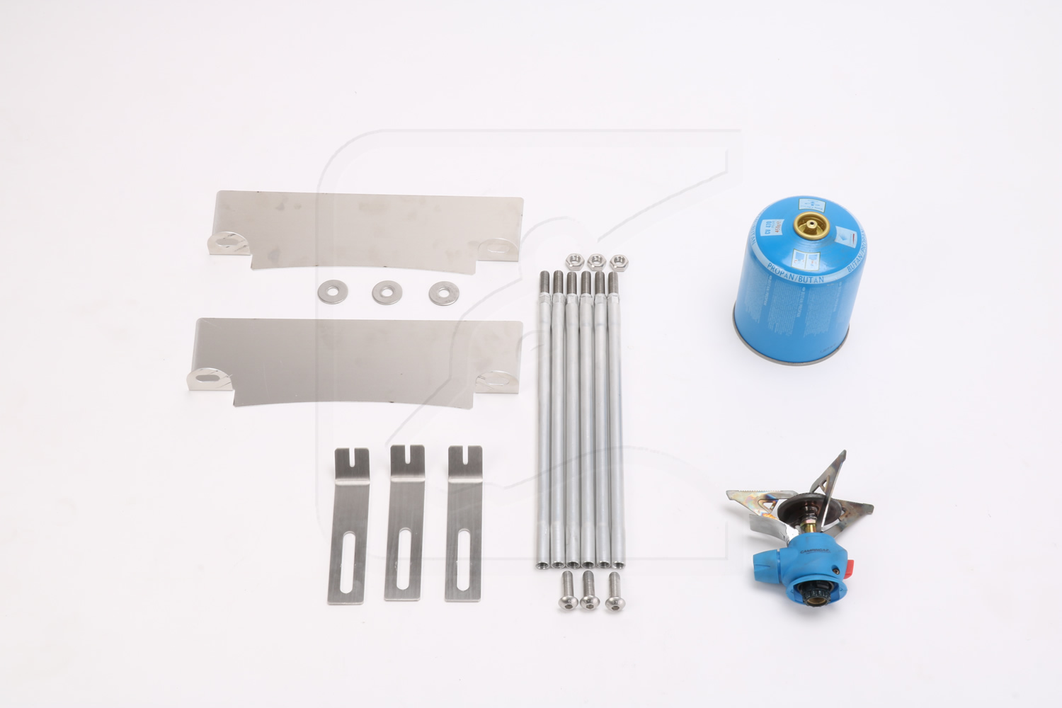 Füße und Winschutz, zerlegt, mit Brenner und Gas