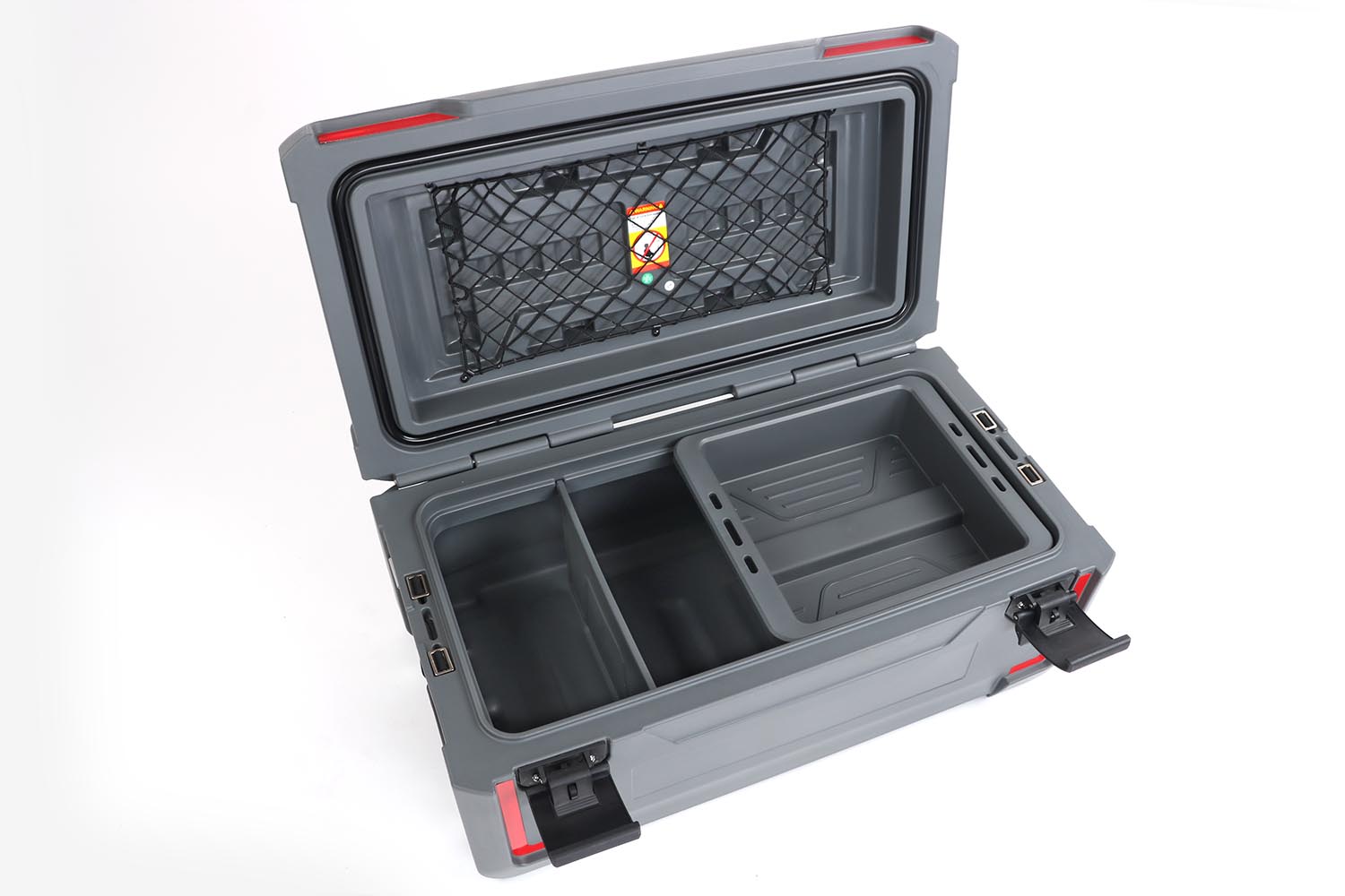 Transportbox 90l, Ansicht offen mit Trennwand und Inlay