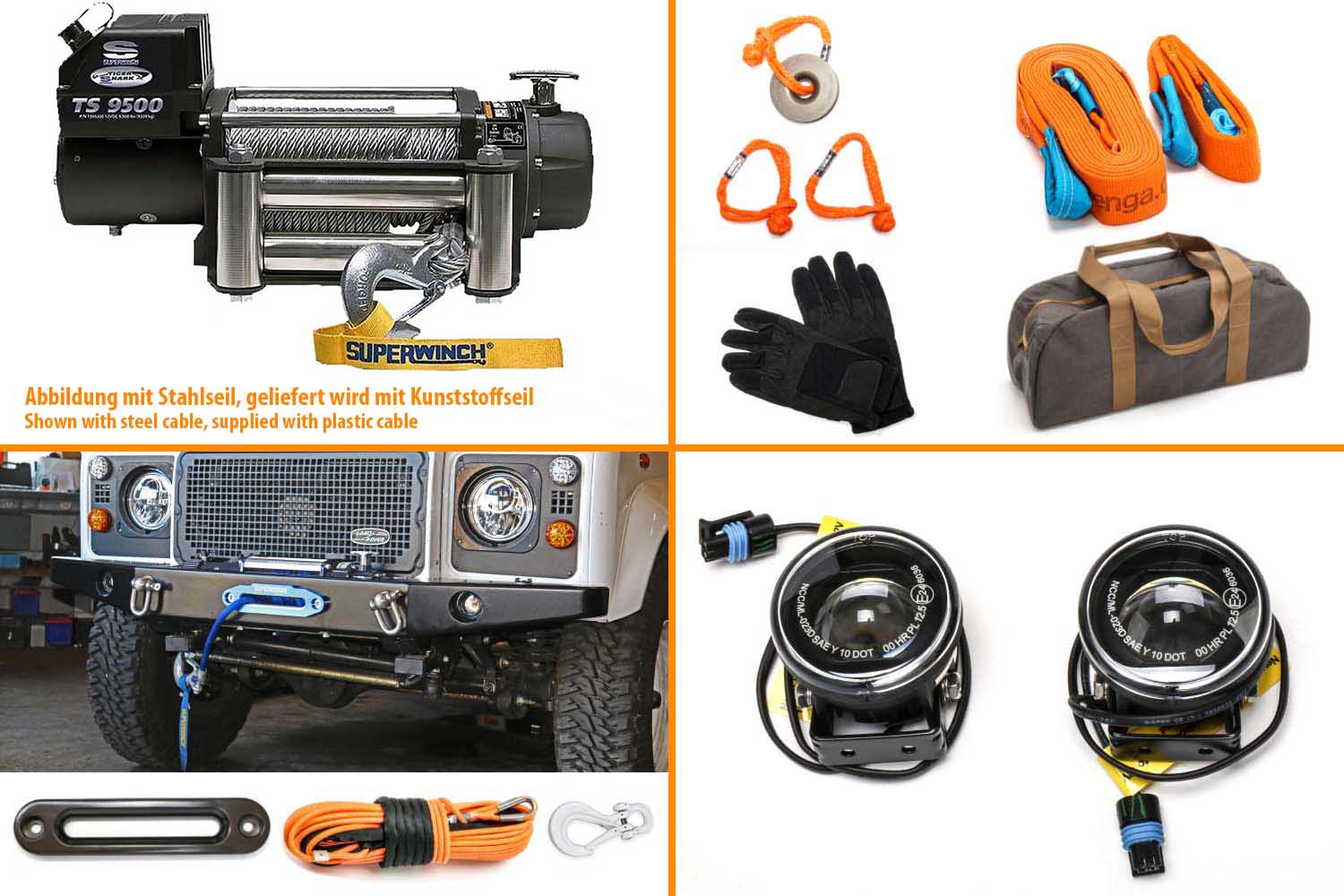 Seilwinden-Bundle Tiger Shark TS 9500 mit LED Scheinwerfern schwarz und Zubehör orange