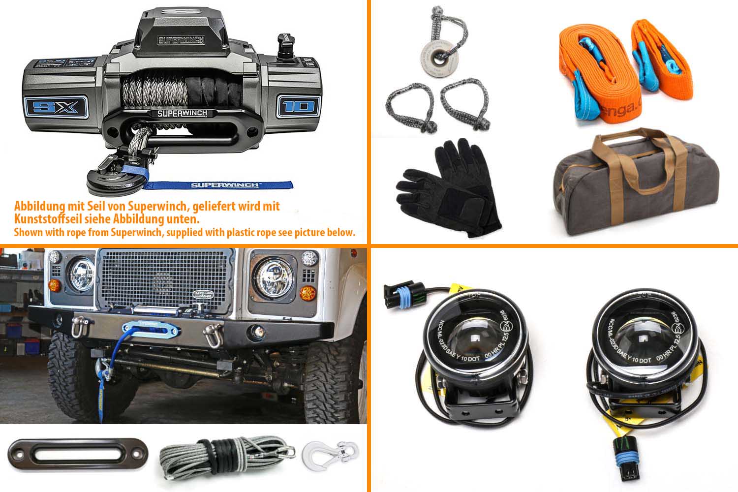 Winch bundle with Superwinch SX10, LED headlights in black with accessories grey