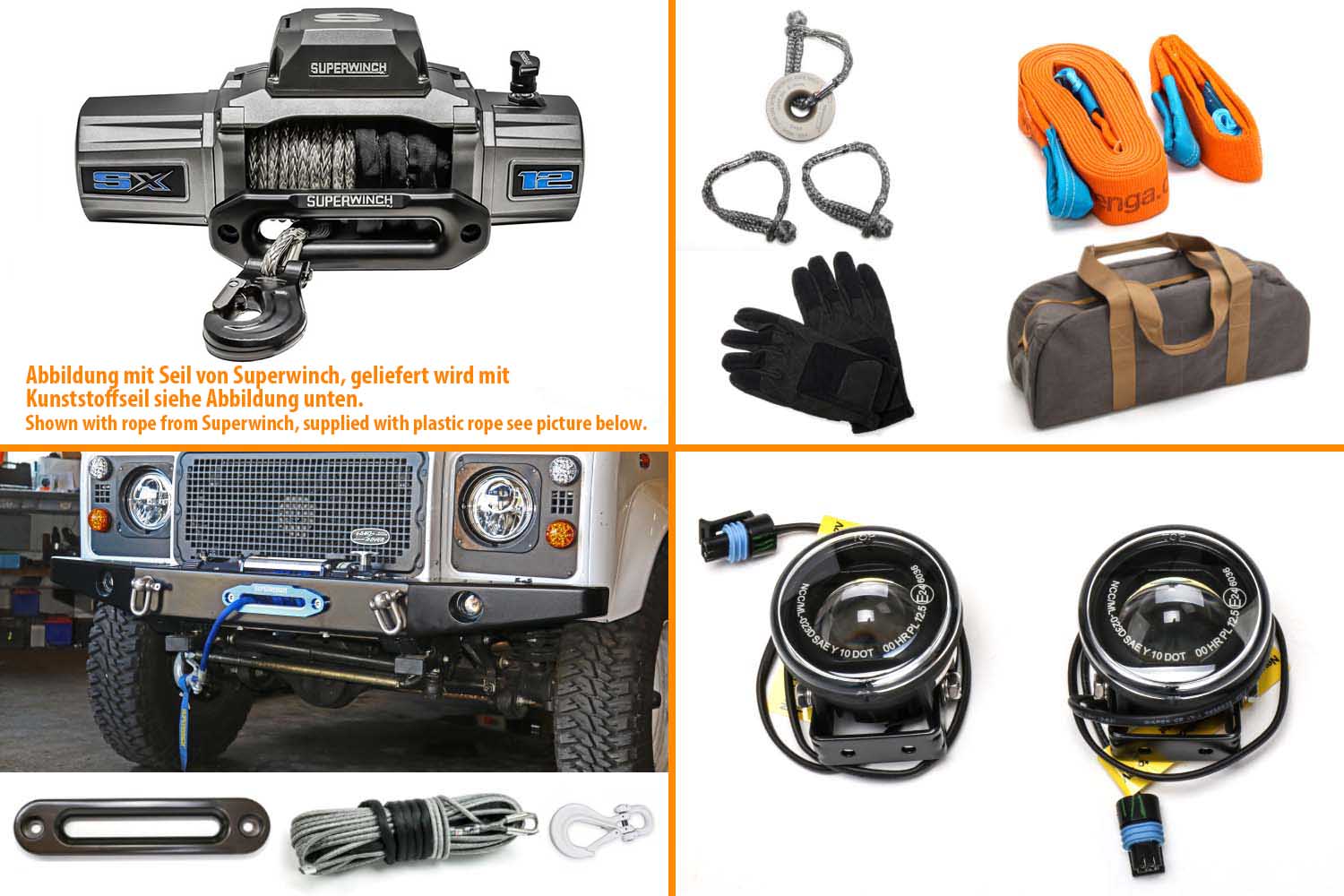 Seilwinden-Bundle mit Superwinch SX12, LED Scheinwerfern in schwarz mit Zubehör grau