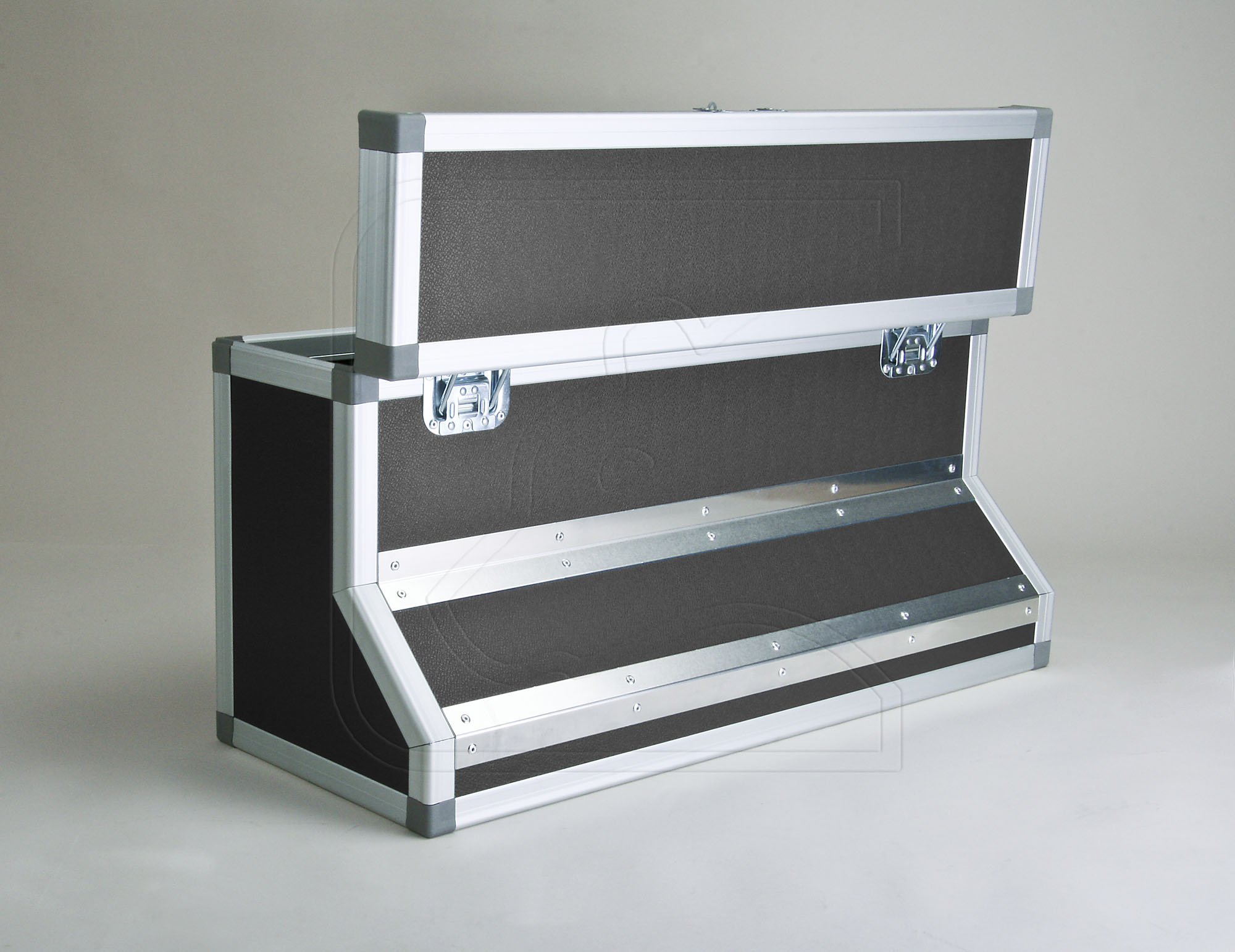 Open black aluminium flight case with latches