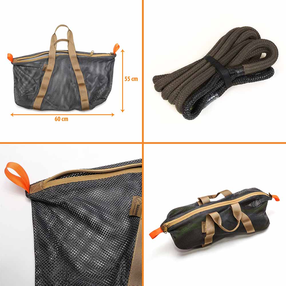 Bundle of kinetic rescue rope, including mesh bag, olive