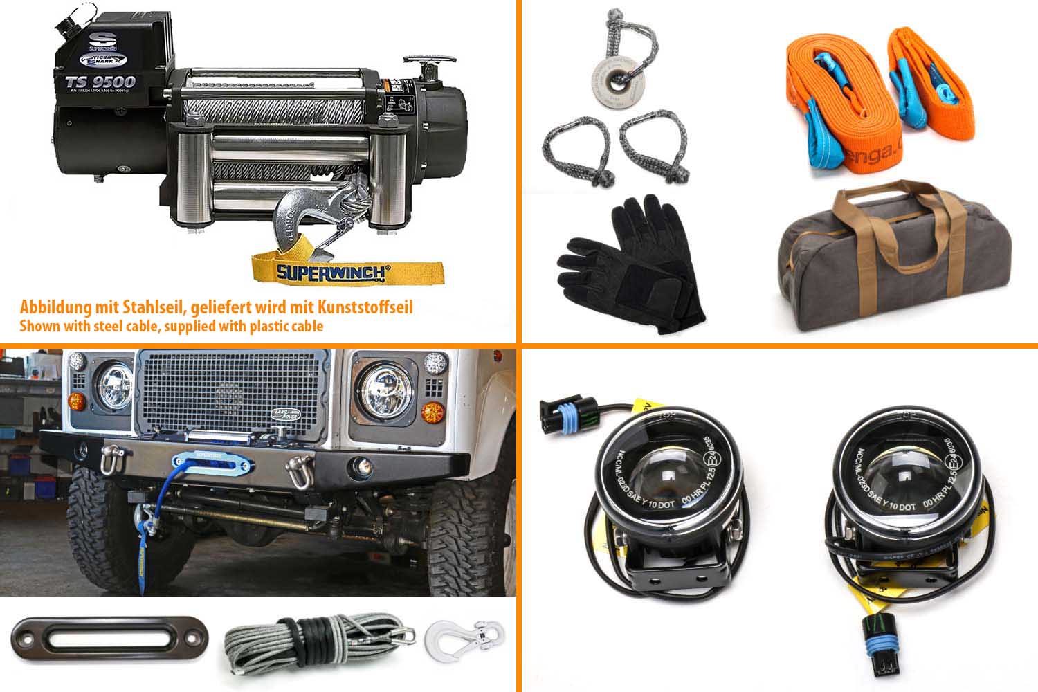 Seilwinden-Bundle Tiger Shark TS 9500 mit LED Scheinwerfern schwarz und Zubehör grau