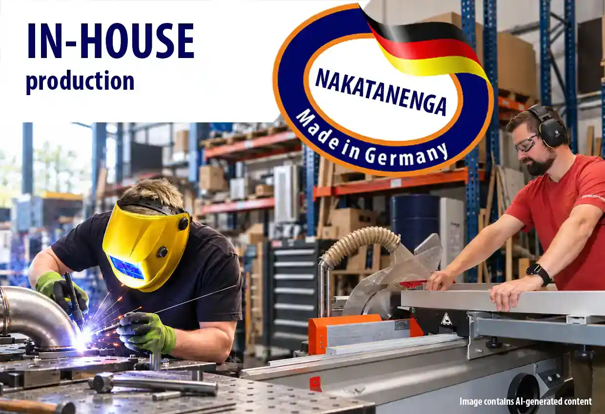 NAKATANENGA in-house production in Germany, showing workshop staff welding and machining metal components for Made in Germany products