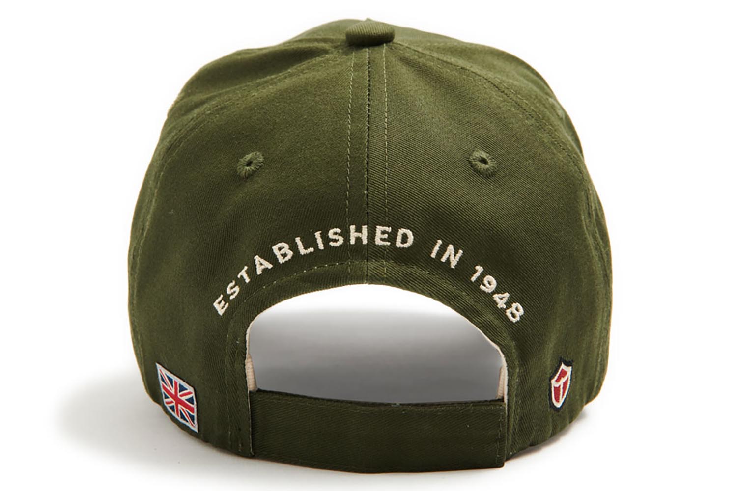 Bronze-green appliqué peaked cap, rear view