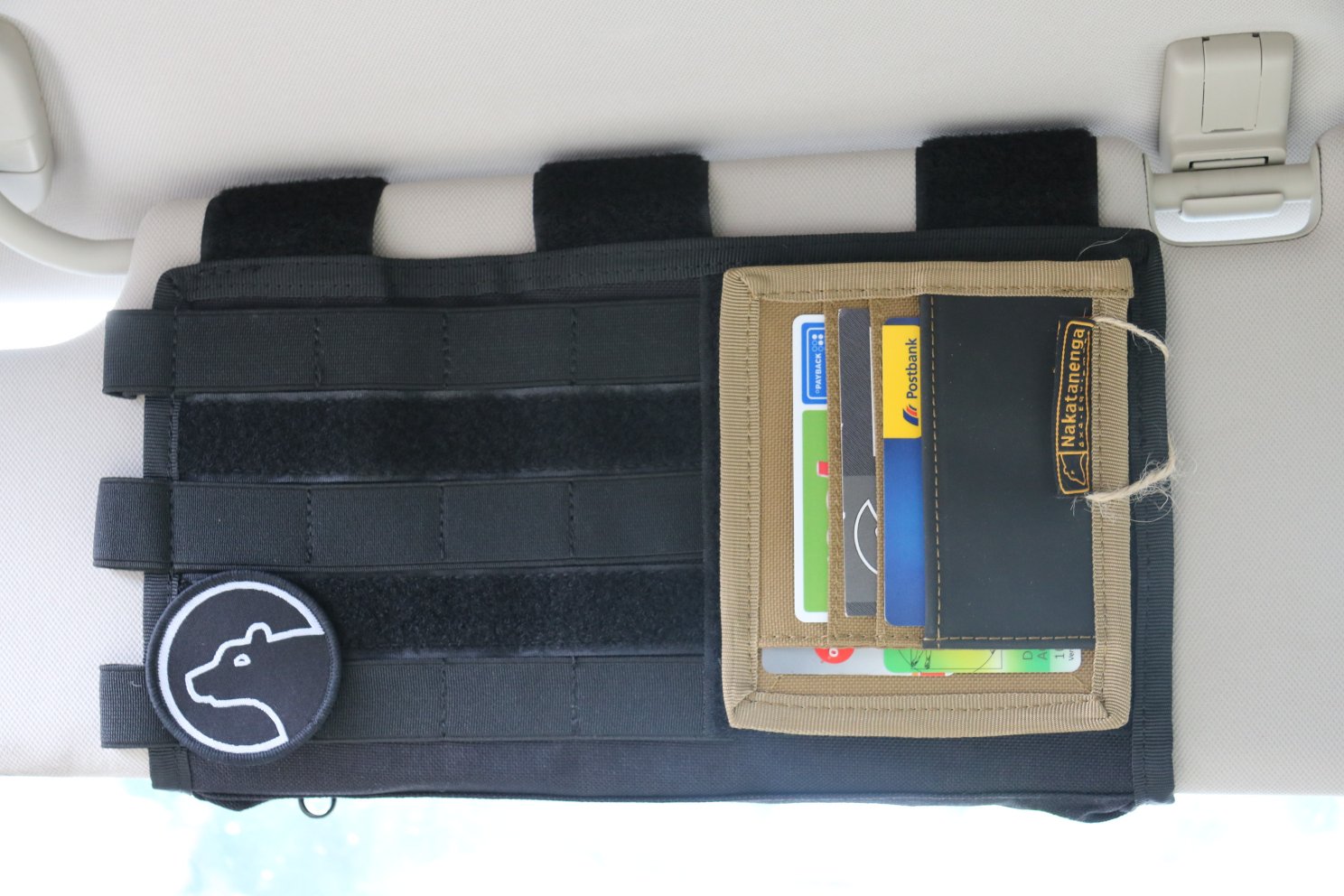 Black MOLLE car sun visor organiser with card slots