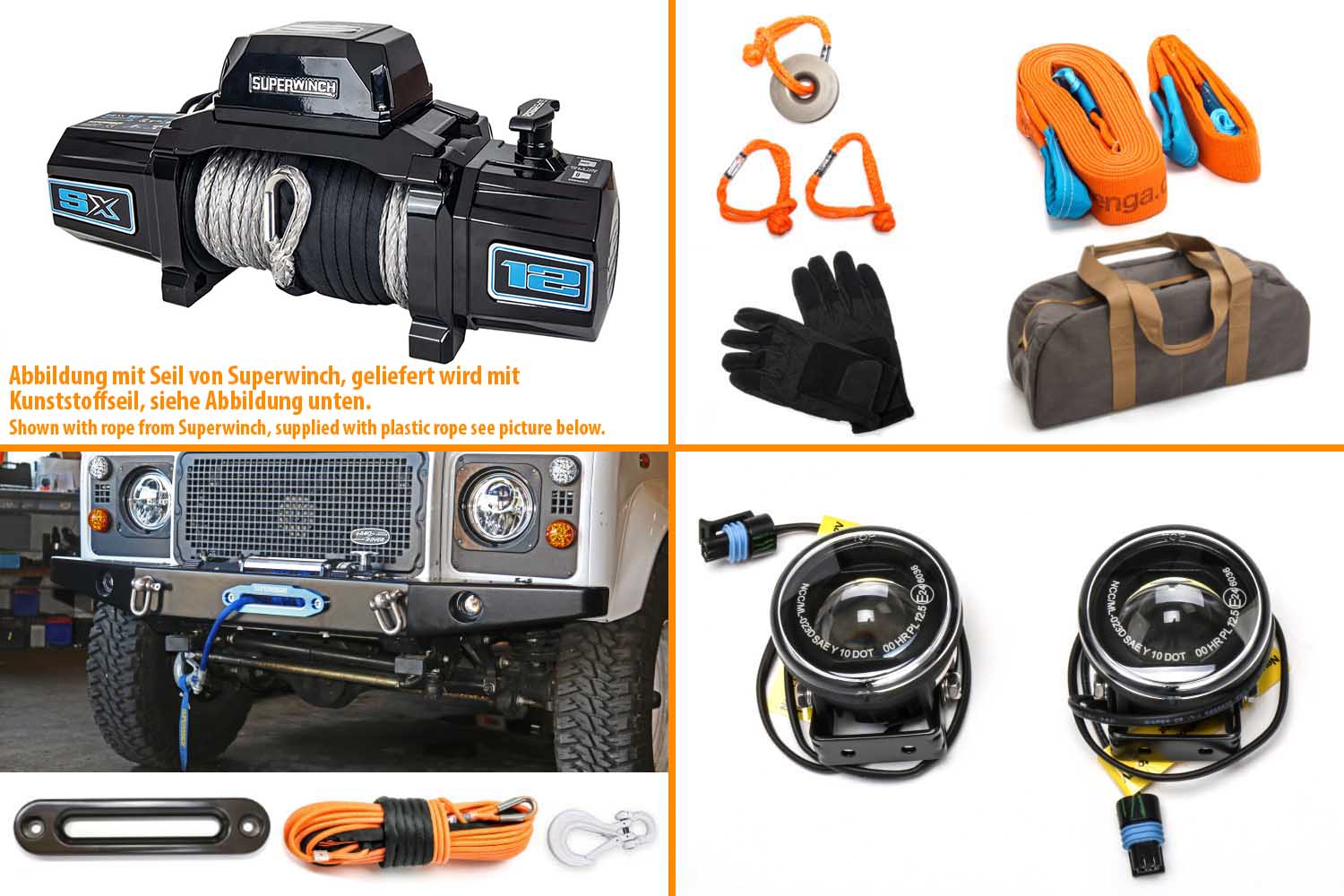 Superwinch SX12SR with Nolden LED spotlights in black and winch cable orange