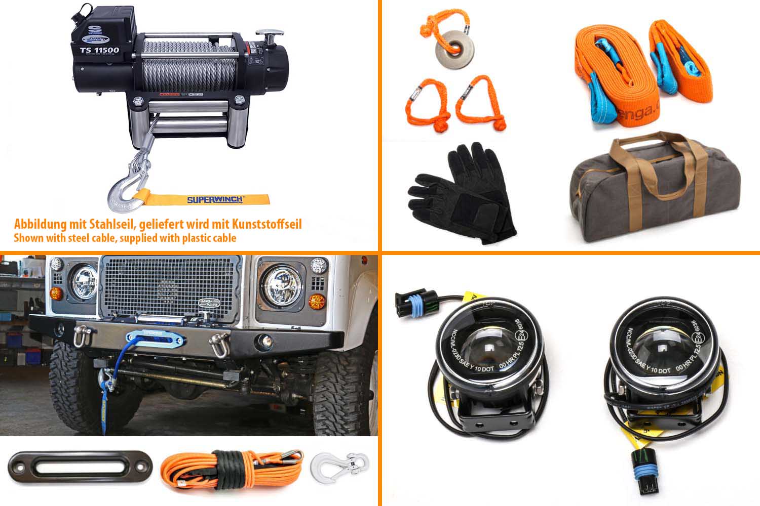 Seilwinden-Bundle Tiger Shark TS 11500 mit LED Scheinwerfern schwarz und Zubehör orange