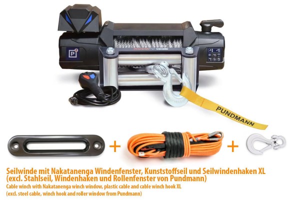Cable winch bundle, Pundmann cable winch 12V, 4t tractive force, incl. winch window, Dyneema cable and winch hook