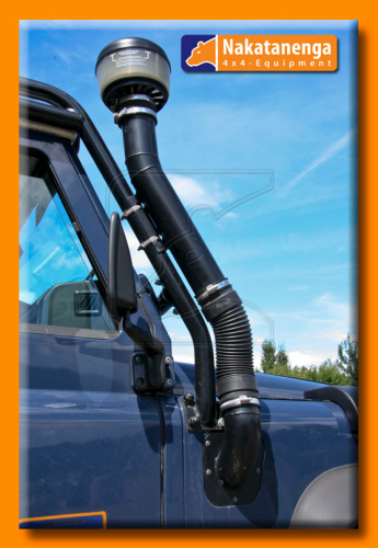 Raised Air Intake for Land Rover Defender 300Tdi, Td5 and Td4, with roll cage, fitted to right-hand side.